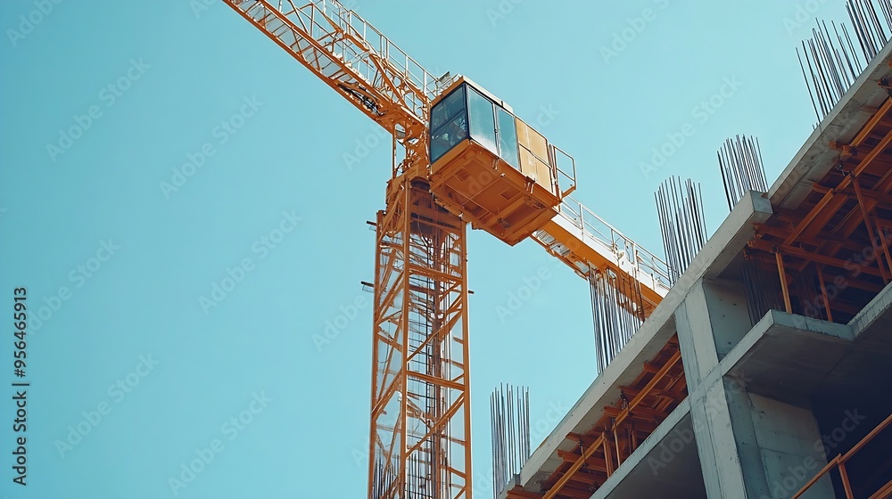 Poster a crane and a building under construction against a blue sky background builders work on large const