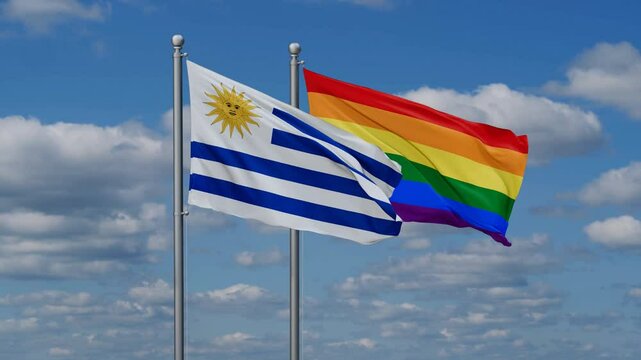 LGBT movement flag also Gay Pride and Uruguay two flags waving cycle looped video, tolerance conception in country