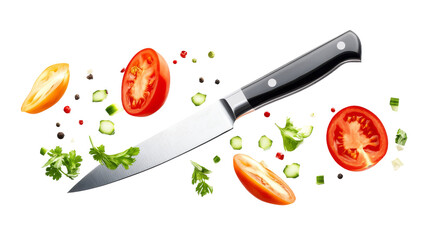A knife and vegetables on a white background