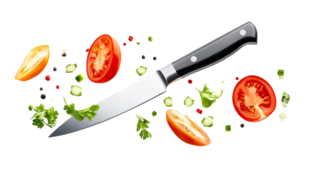 A knife and vegetables on a white background