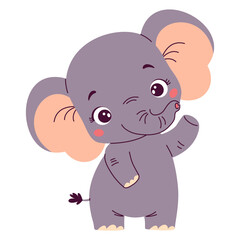 Flat vector illustration in a cute childish style. Cute elephant standing on two legs and waving his paw . Vector illustration