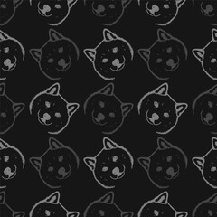 Seamless vector pattern with cute draw fluffy Japanese Akita Inu dogs and dog food., paws. Simple doodle style.