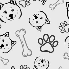 Seamless vector pattern with cute draw fluffy Japanese Akita Inu dogs and dog food., paws. Simple doodle style.