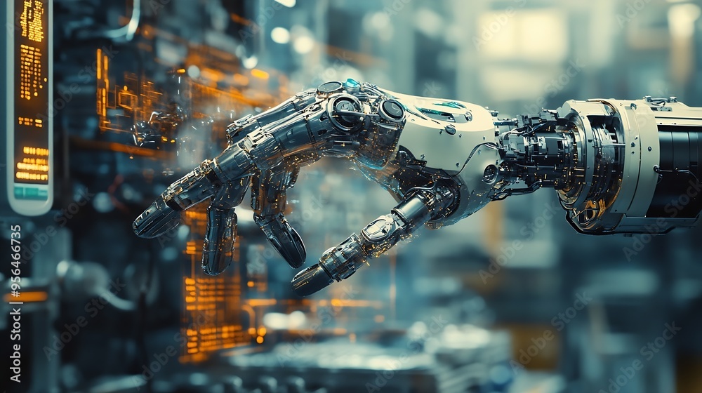 Poster MLB Mechanized industry robot arm and factory worker double exposure Concept of robotics technology for industrial revolution and automated manufacturing process : Generative AI