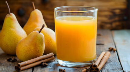 vibrant glass of pear juice on a wooden table, with fresh pears and a cinnamon stick