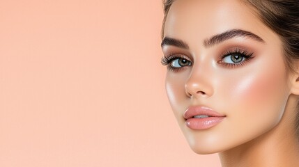 Fototapeta premium Radiant Elegance: Stunning Headshot of a Sophisticated Model with Opulent Makeup on a Clean Background