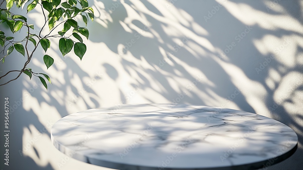 Poster Round marble table top with tree leaves shadow drop on white wall background for mockup product display : Generative AI
