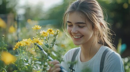 Naklejka premium smiling young woman gardener watering flowers in garden with hose Hobby concept of growing and taking care of plants : Generative AI