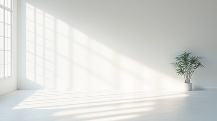 Minimalist scenes, with sharp diagonal shadows and light and shadow patterns on the white walls, create a peaceful and tranquil atmosphere, and modern aesthetics highlight tranquility.