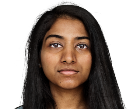 Indian young woman png transparent, face portrait close up