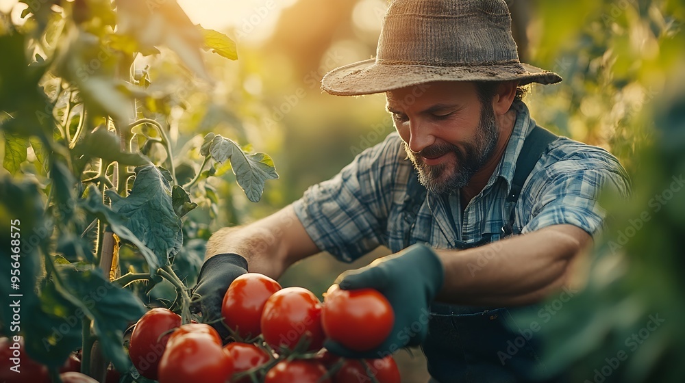 Sticker A farmer harvests tomatoes in the garden Selective focus Food : Generative AI