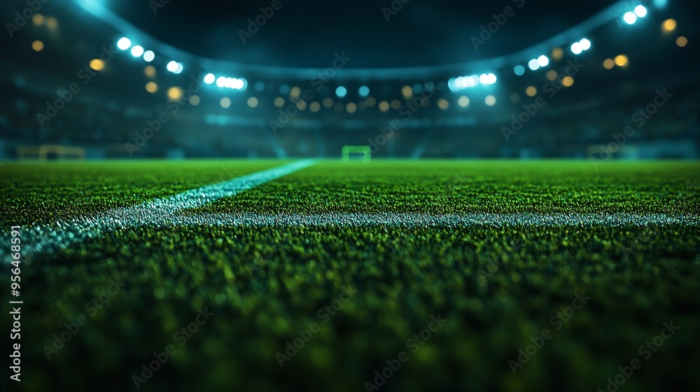 Poster Picture of a football field at night The stadium was created in 3D without using existing references Pitch night before the game Road with lines of lights green  car display stand : Generative AI
