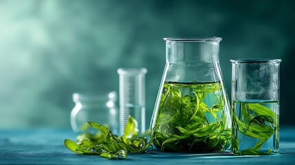Front view of seaweed leaves and essence on beaker and petri dish on blue background Seaweed has the effect of treating acne detoxing the skin antiaging rich in vitamins stimulating ha : Generative AI