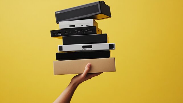 A close-up of a shopper's hand holding a stack of discounted electronics boxes, with Black Friday tags prominently displayed. The yellow background is clean and minimalistic