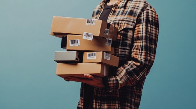 A close-up of a shopper's hand holding a stack of discounted boxes, with Black Friday tags prominently displayed. The blue background is clean and minimalistic, focusing on the excitement