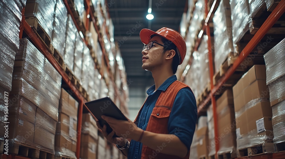 Poster Men tablet and inspection for stock in warehouse with teamwork inventory check and logistics business Quality assurance tech and team discussion in factory for export industry and ecom : Generative AI