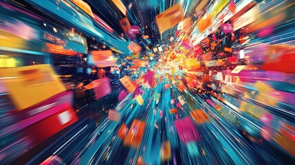 A vibrant, artistic representation of a Black Friday sale as a colorful explosion of digital graphics and sale tags. The design is dynamic and visually engaging, capturing the energy and excitement