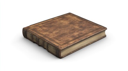 An old, worn leather-bound book, closed and sitting on a white surface.