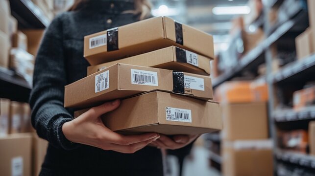 A close-up of a shopper's hand holding a stack of discounted electronics boxes, with Black Friday tags prominently displayed. The background is clean and minimalistic.