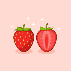Strawberry fruit and half of strawberry flat illustration