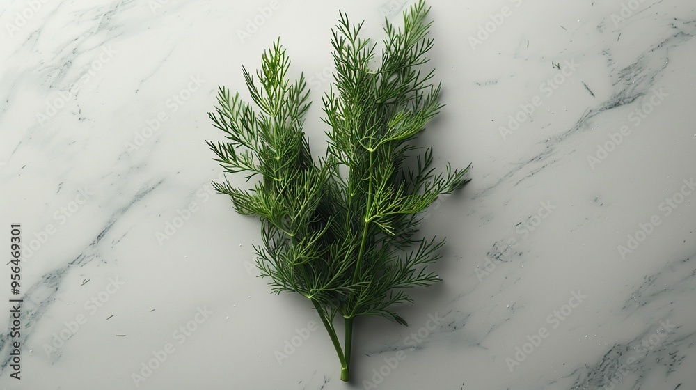 Sticker Fresh Dill Sprigs on Marble Background