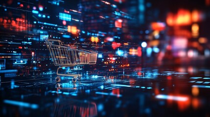 A creative visual of a Black Friday sale as a digital landscape, with virtual shopping carts and product displays scattered across a glowing, futuristic background. The design highlights the digital