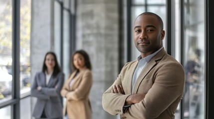 An African American entrepreneur stands confidently with arms crossed, leading a diverse team of professionals in a contemporary office environment focused on collaboration