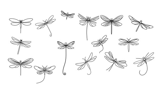 Dragonfly line art vector set. Minimal black outline icons, tattoo style illustration