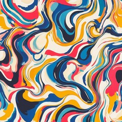 Obraz premium Vibrant Liquid Dreamscape: A seamless abstract pattern featuring swirling, vibrant hues of blue, yellow, red, and white, evoking a sense of fluidity and playful energy. 