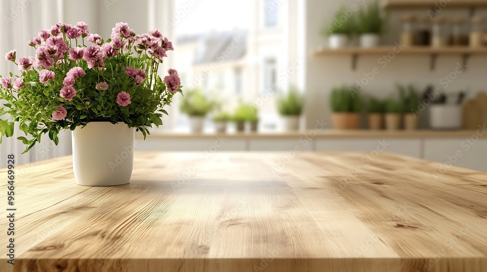 Poster kitchen table background wood counter top on blur of white clean abstract home interior with bokeh u
