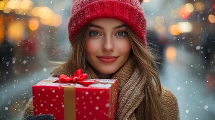Blonde woman with winter hat is holding a Christmas present with a red bow