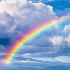 A vibrant rainbow arcs across a cloudy blue sky, symbolizing hope and beauty after a storm.