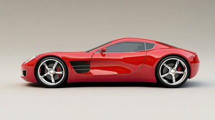 A side view of a sleek red sports car with large wheels against a gray background.