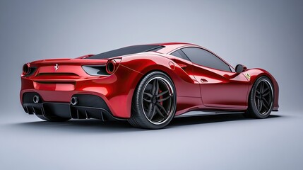 Naklejka premium A sleek red sports car with black wheels sits on a gray background.