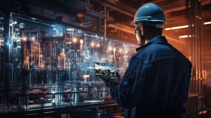 Engineer Using Digital Tablet for Industrial Automation in Modern Factory with Advanced Technology and Machinery