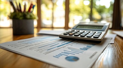 9. Business plan documents with financial projections and a calculator, focus on profitability.