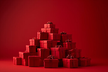 heap of red gifts on red background with copy space for text