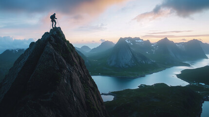 Fototapeta premium Wspinacz zdobywający imponującą skałę na tle wysokich gór.