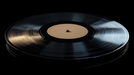 Obraz premium A close-up of a vintage vinyl record, with a black background. The grooves of the record are visible, and the label is in the center.