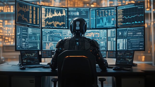 Robot stock trader is processing data from multiple screens in an office after hours