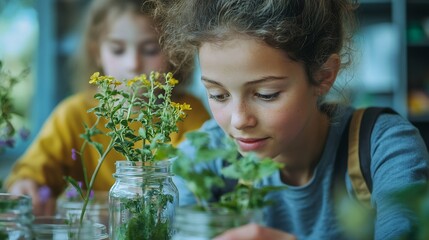 Female Teacher with kids in biology class at elementary school conducting biology or botanical scientific experiment about sustainable Growing plants Learning about plants in a glass j : Generative AI