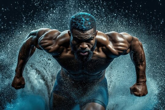 A powerful muscular athlete is photographed mid-action, showcasing his strength and determination, captured under dramatic lighting that emphasizes his sculpted physique.