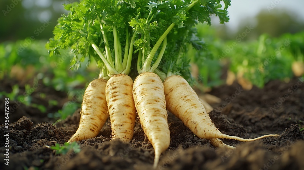 Poster Fresh parsnip roots  Parsnip harvest on an organic farm : Generative AI