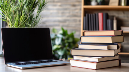Stos książek na biurku, obok którego znajduje się laptop, symbolizuje połączenie tradycyjnej wiedzy z nowoczesnym e-learningiem. 