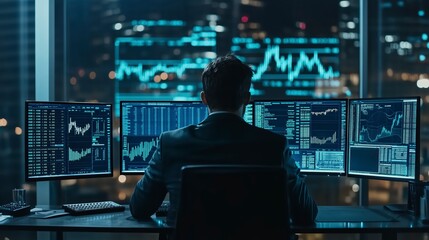 Fototapeta premium Late-night stock broker analyzing charts and graphs on computer