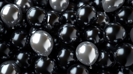 A composition of shiny black and silver balloons scattered across a dark, glossy background, with ample room left for Black Friday promotional text