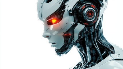 Close-up of a white, female android with glowing red eyes looking off to the side.