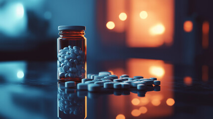 Butelka wypełniona tabletkami opioidowymi, umieszczona na lustrzanym stole. Obrazek wysokiej jakości podkreślający zagrożenia związane z uzależnieniem, kryzysem opioidowym i zakupem leków.