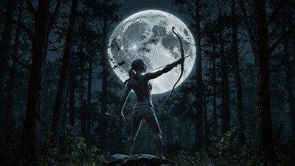 Naklejka premium A statue of Artemis standing in a moonlit forest on a full moon night, holding a silver bow and arrow, with moonlight filtering through the treetops as the backdrop.