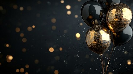 A dramatic scene with shiny black and gold balloons tied together, floating against a dark, sophisticated background, with a space left for Black Friday sale text